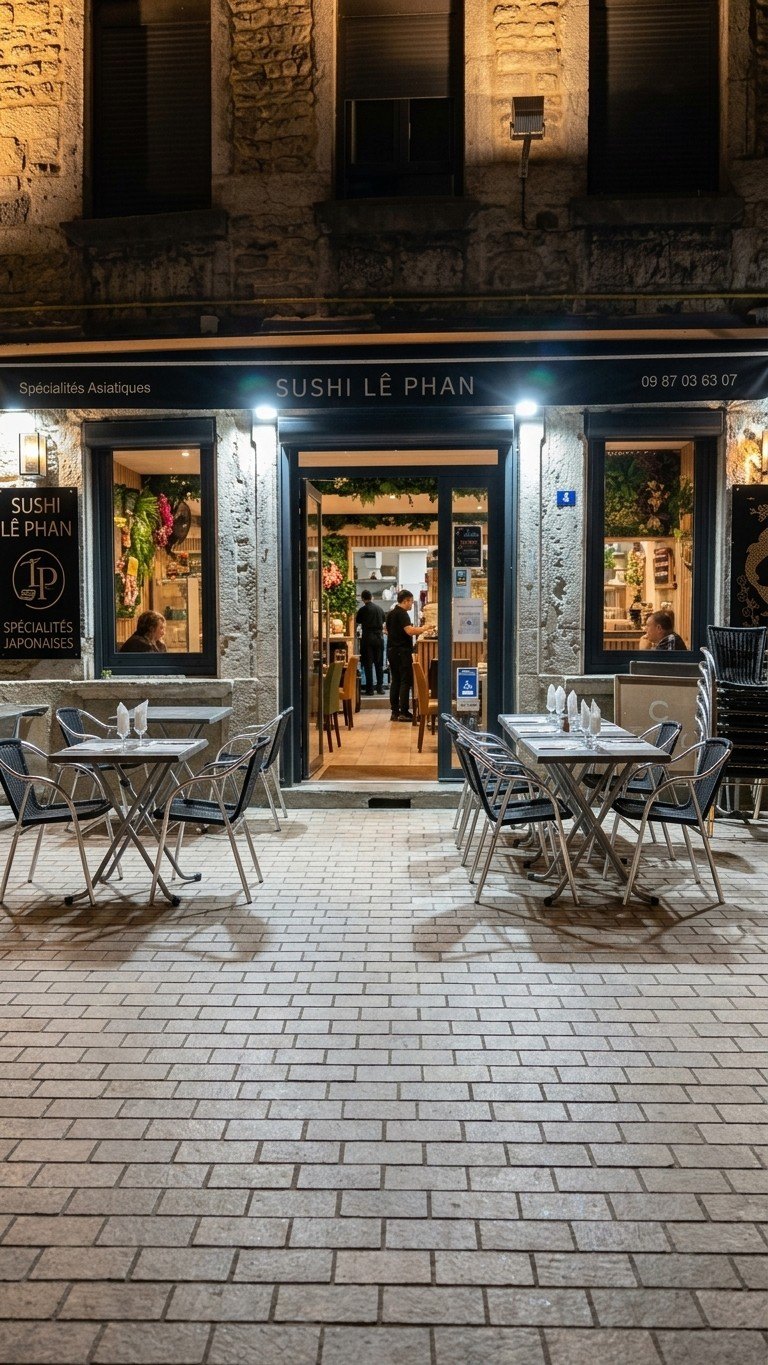 La façade de Sushi Lê Phan et sa terrasse, place de la Liberté à Lagnieu, le soir