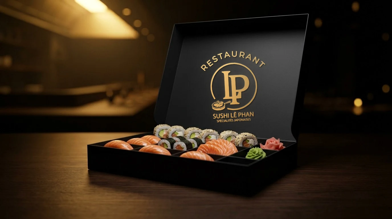 Boîte à emporter Sushi Lê Phan remplie de sushis, makis et sashimis